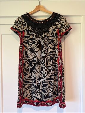 Floreat Anthropologie Black, Cream & Red Embroidered Mini Dress
